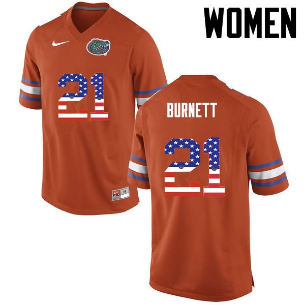 Women's NCAA Florida Gators McArthur Burnett #21 Stitched Authentic USA Flag Fashion Nike Orange College Football Jersey NUH6265NJ